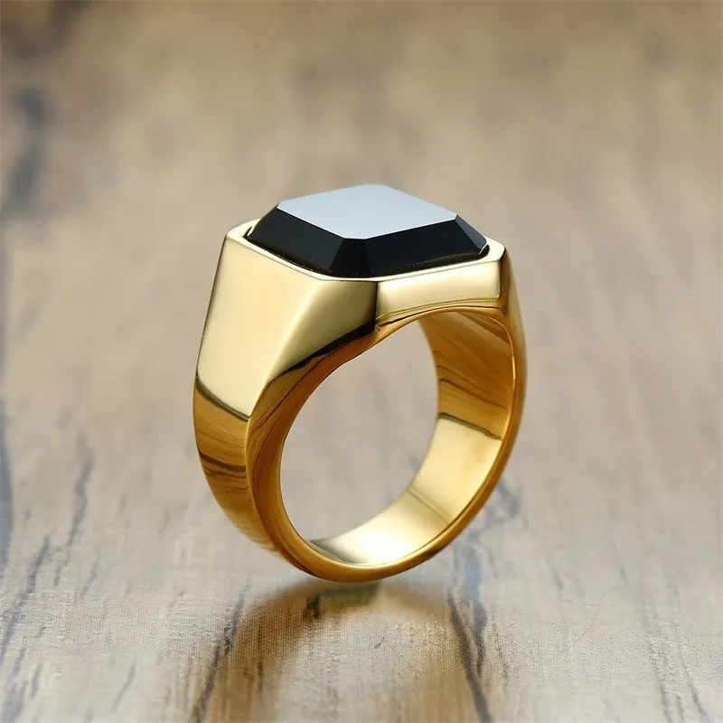 Достойное черное сердоликовое кольцо из нержавеющей стали с золотой квадратной печаткой для мужчин, кольца на мизинце, мужское богатство и богатый статус, ювелирные изделия274H