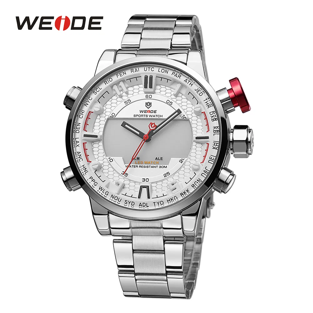 WEIDE MenS Sports Model Multiple Functions Business Auto Date Week Analog LED Display Alarm Stop Watch Steel Strap Wrist Watch223B