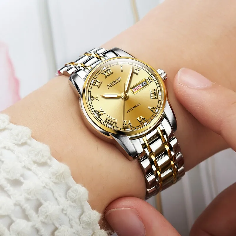 Aesop Gold Luxury Watch Women Japan Bewegung Mechanische Automatikwache Damen Edelstahl Goldene weibliche Uhr Frauen258W