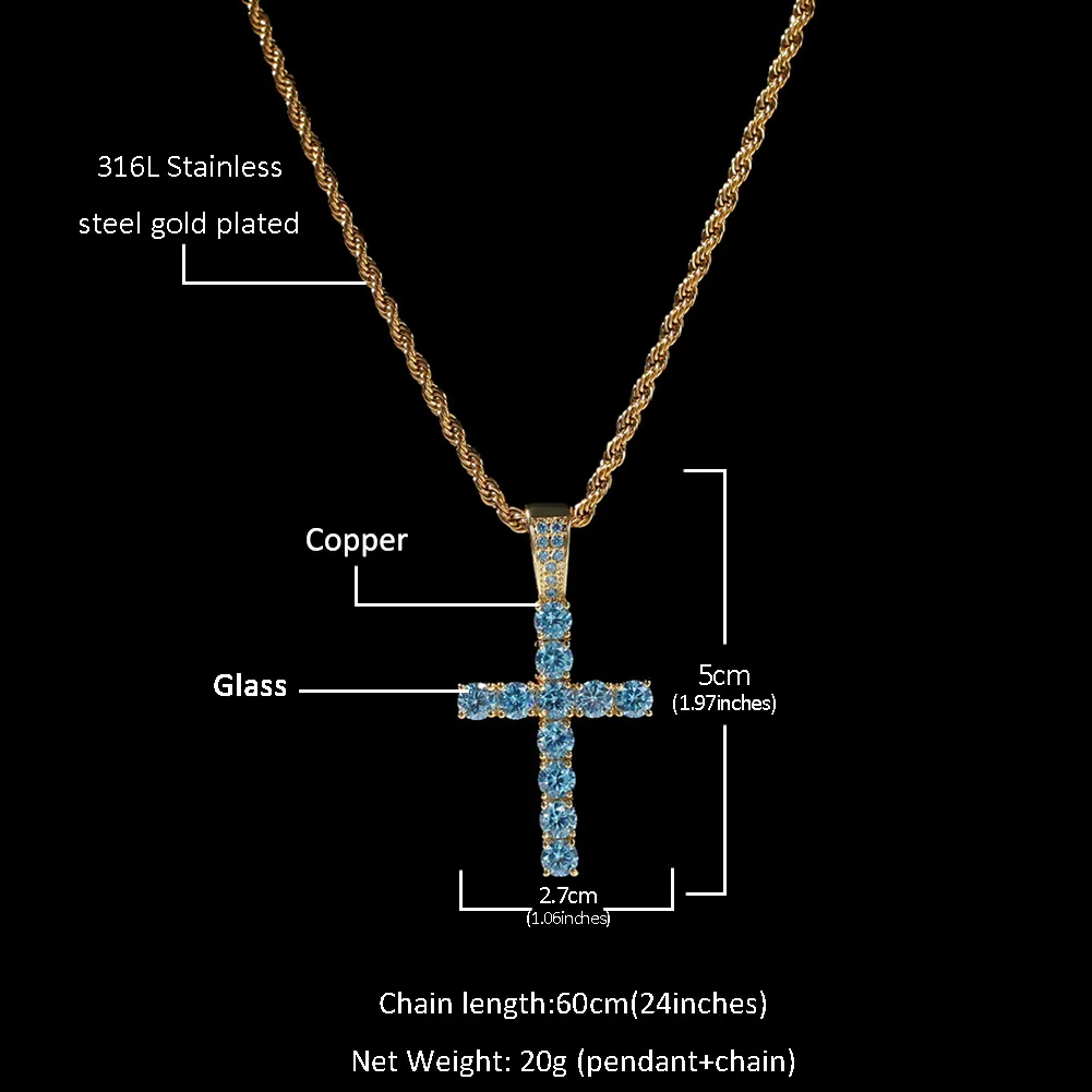 Lichtblauw Diamanten Kruis Hangers Ketting Sieraden Geplatineerd Mannen Vrouwen Minnaar Cadeau Paar Religieuze Jewelry239Z