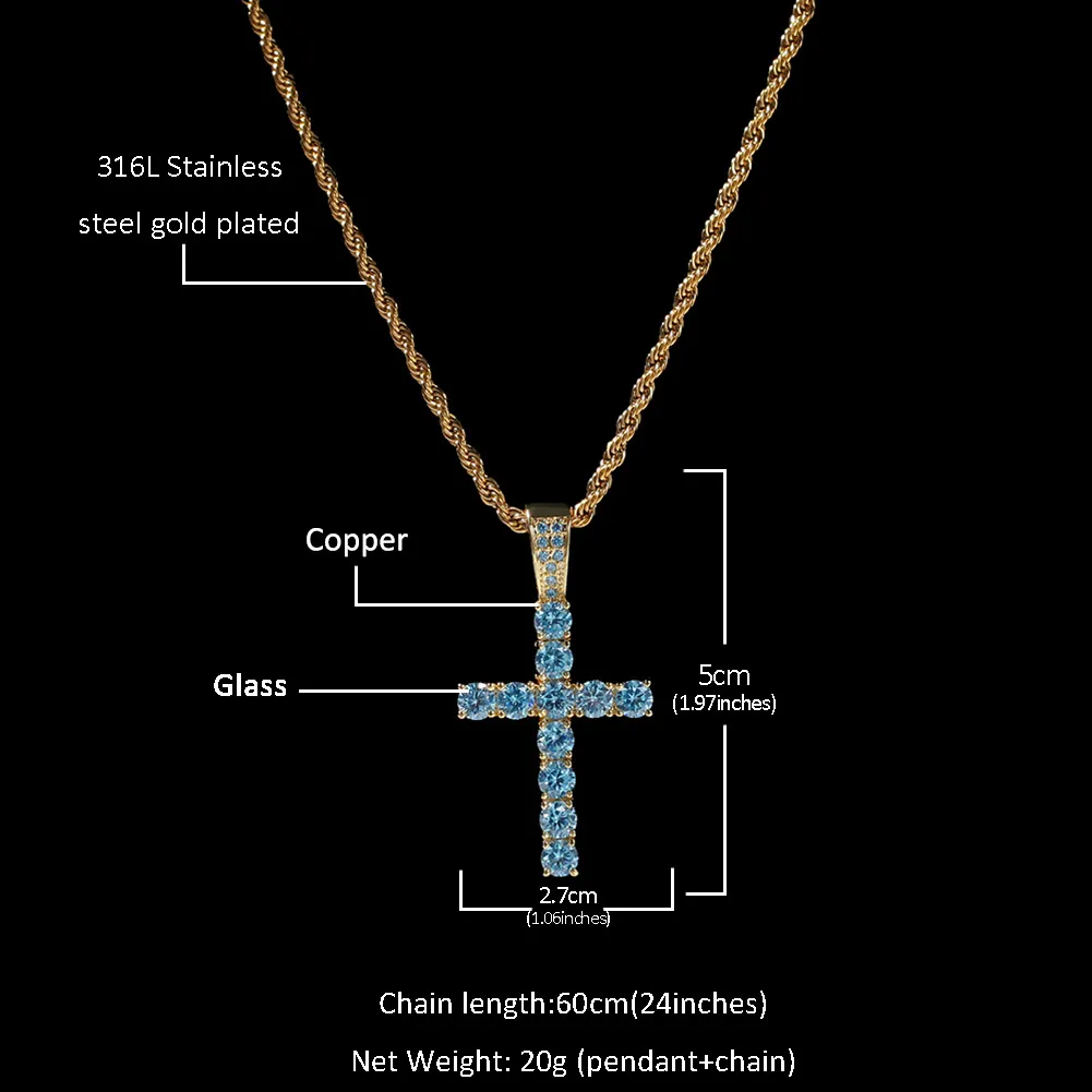 Ljusblå diamant korshängen halsband smycken platina pläterade män kvinnor älskare gåva par religiösa smycken257l