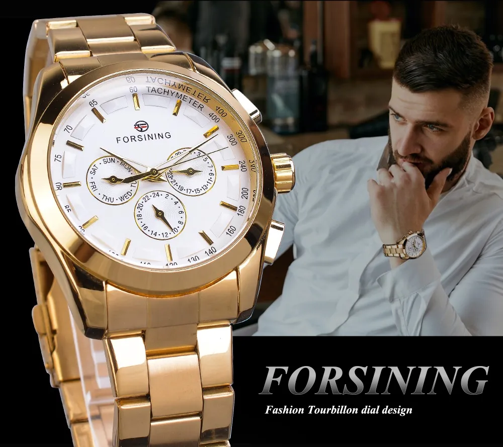 CWP Forsining Golden Men Mechanical Watch Fashion 3 Dial Calendar Stael Business Dżentelmen Automatyczne zegarki Montre Hom291Q