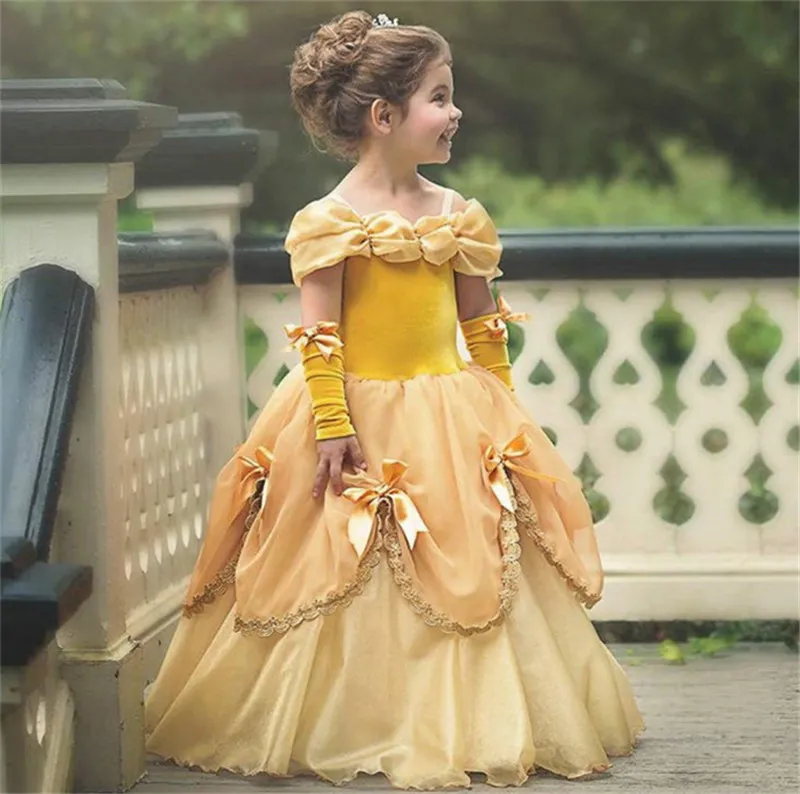 Новое платье Belle Girls Желтый костюм принцессы для косплея на день рождения 2018 Летние свадебные платья Детское платье Одежда J1906156316591