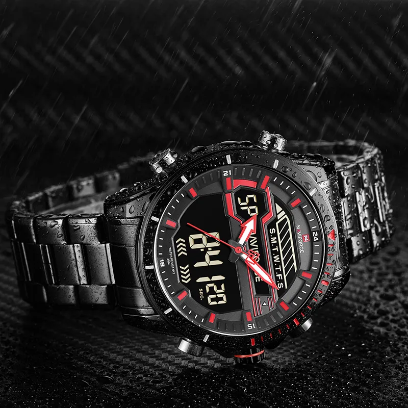 Top marca de luxo naviforce relógios esportivos masculinos quartzo digital led relógio masculino aço completo exército militar à prova dwaterproof água pulso wat2972