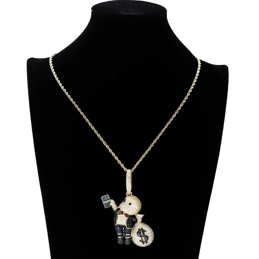 Lyxdesigner halsband is av hängen bling diamant pengar väska charms hiphop smycken mens guldkedja stora hängen mode stat312y