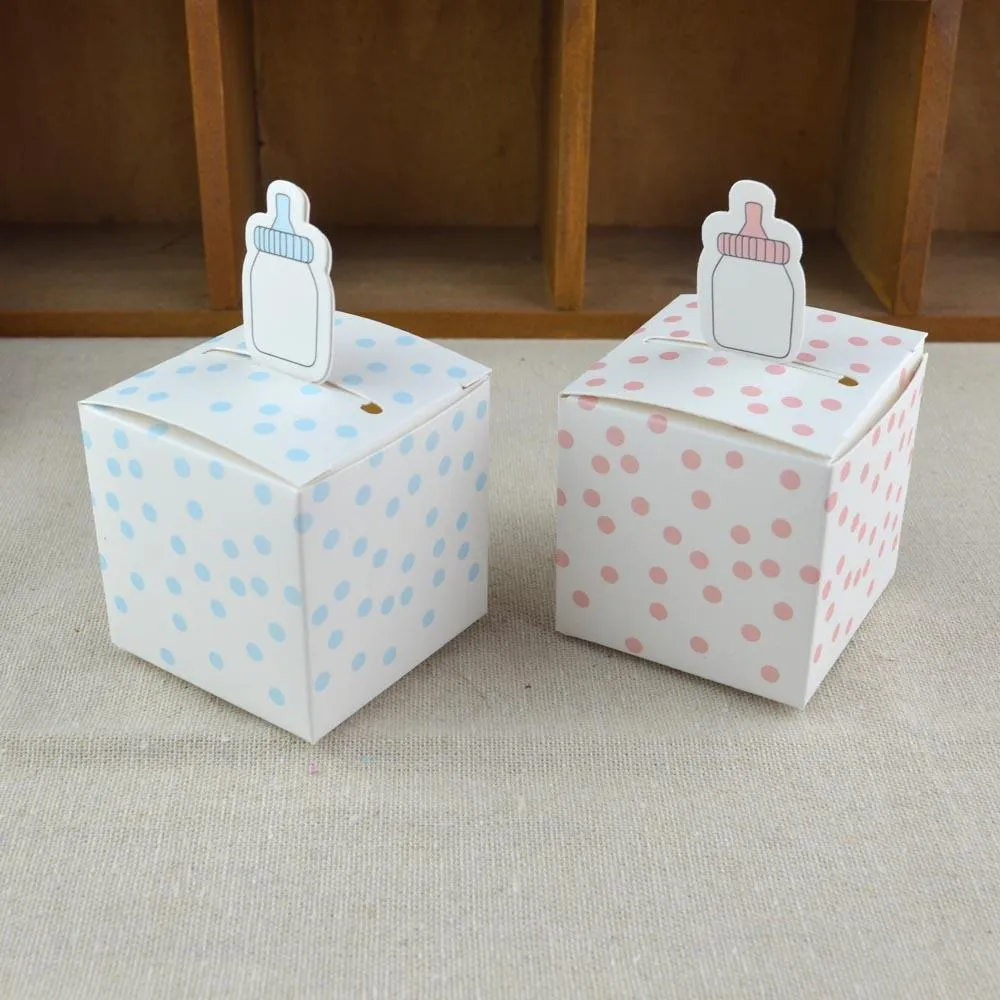 50st Baby Bottle Shape Present Box och blå prickar Tecknad Baby Shower Birthday Favor Candy Boxes Celebration Party Paper Box255n