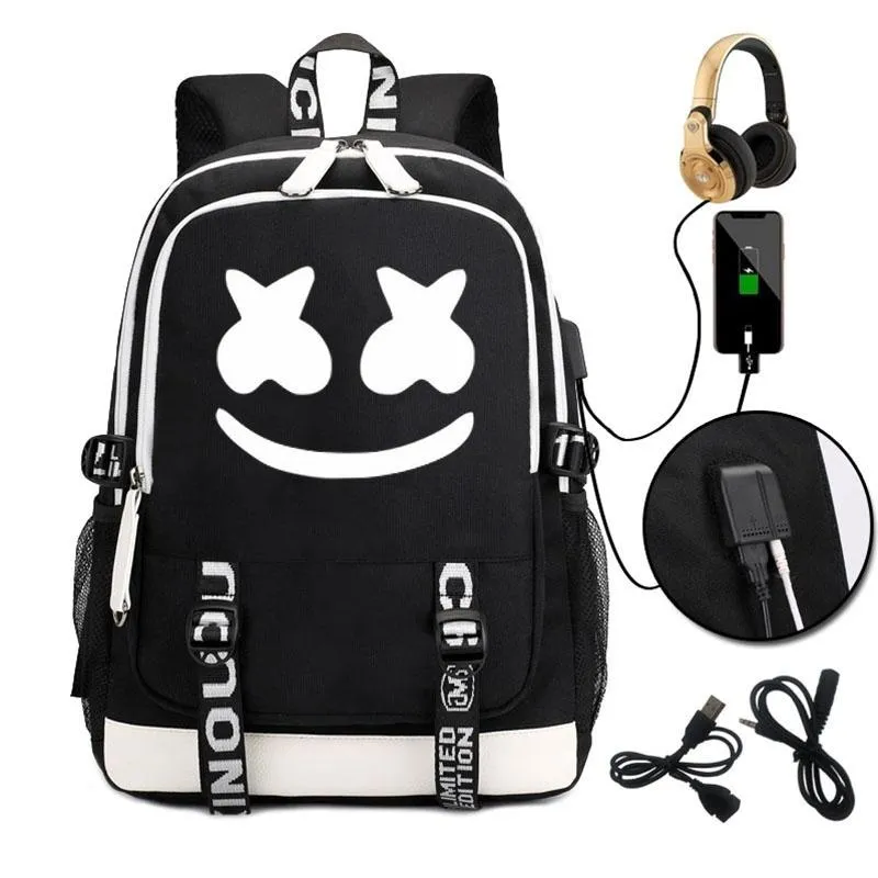 Marshmello USB-Laptop-Rucksäcke, American Mystery DJ, Studenten-Schultasche für Teenager, Männer, Frauen, Mädchen, Jungen, Büchertaschen276O