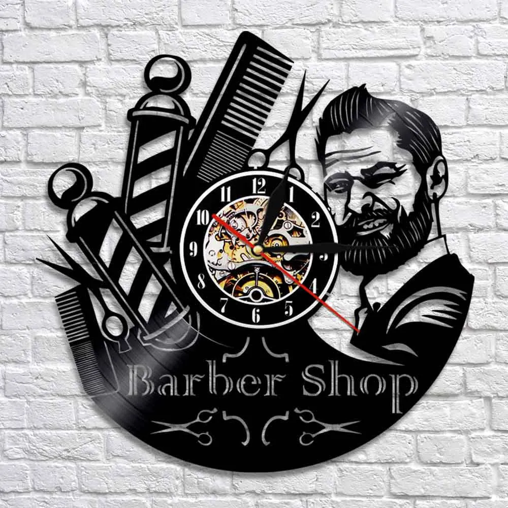 Barber Shop Sign Wall Clock Barbers Pole Record Wall Clock Hair Salon Stylist Hair Tools Scissors Barber Shop Artwork Gift Y2001096069719