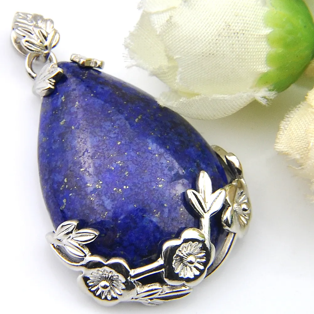 Luckyshien Nya handgjorda naturliga lapis lazuli hängen vintage silver elegant plommonblomma hängen halsbandsmycken för kvinnor pendan242o