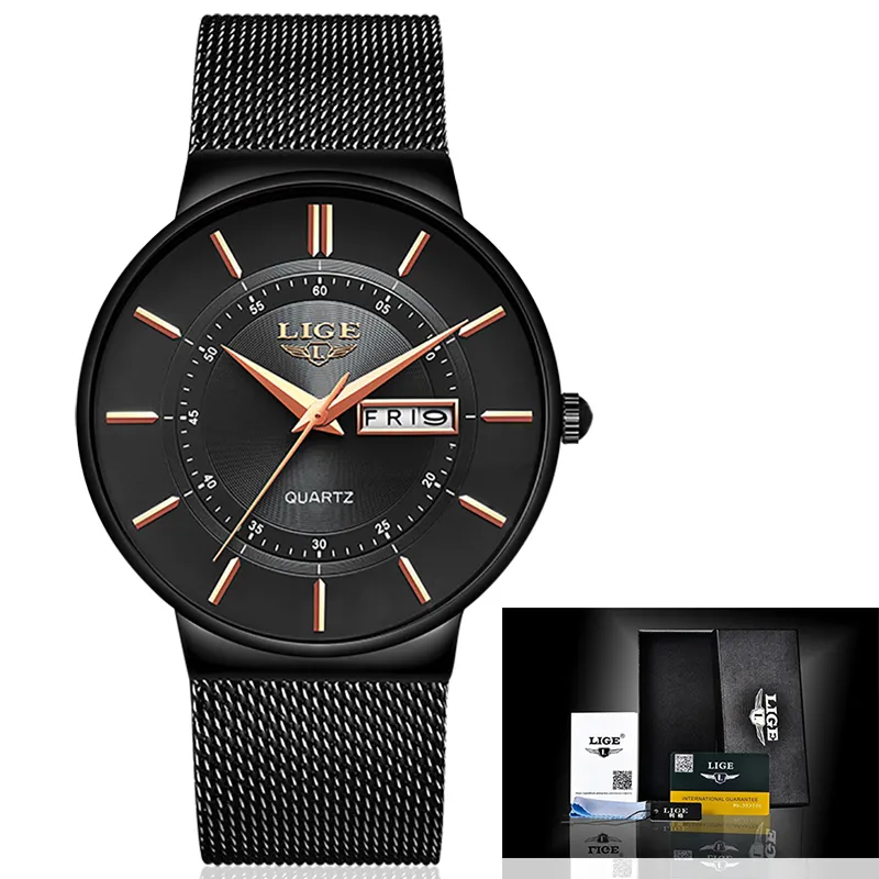Mens Watches Lige Top Brand Luxury Waterproof Ultra Thin Date Clock Male Steel Strap Casual Quartz Watch Men Sports handled Watch CJ241Q