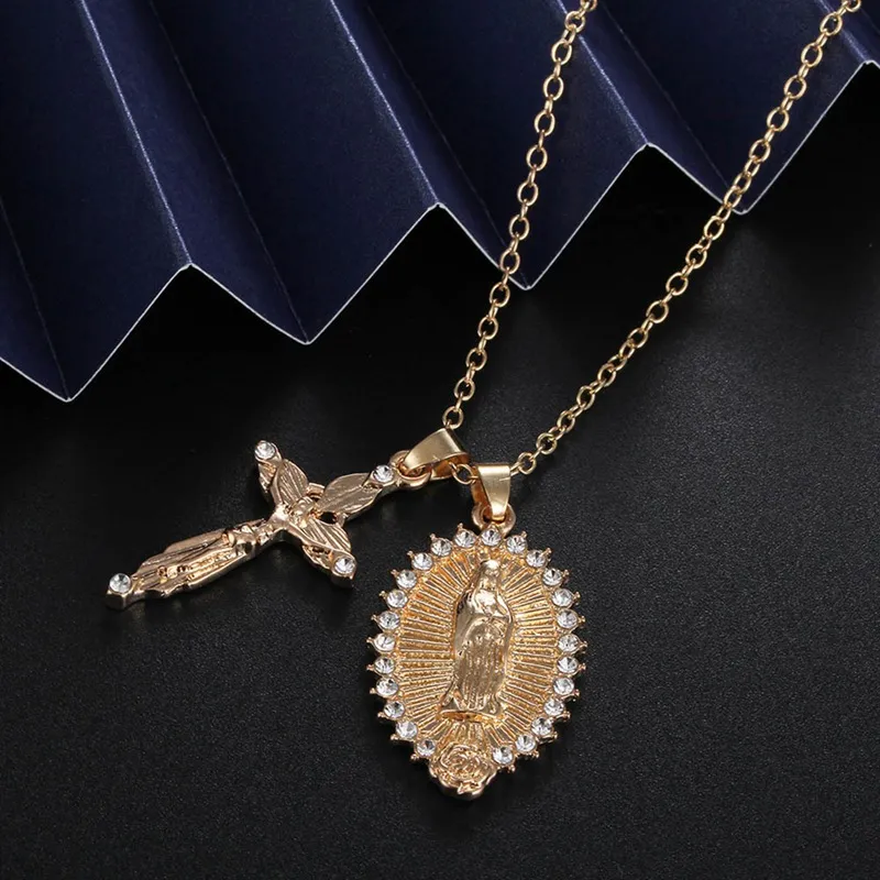 Fashion Catholic Jesus Crucifix Cross & Virgin Mary Pendant Necklace Religion Faith Clavicle Necklace269P