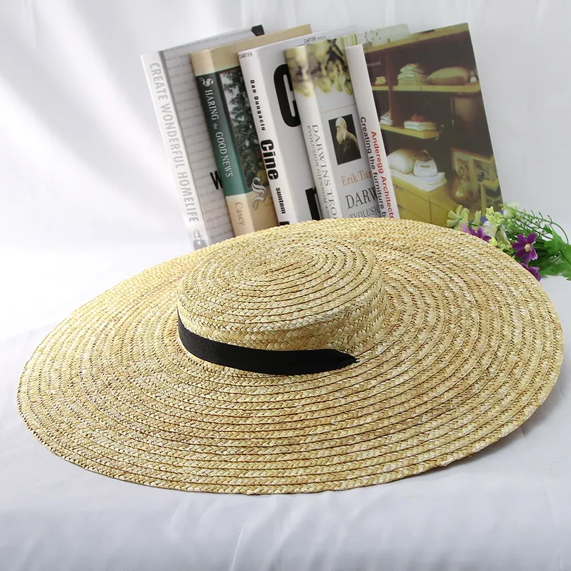 Nouveau chapeau de paille à grand bord chapeaux d'été pour femmes ruban casquette de plage plaisancier haut plat soleil Hat253f