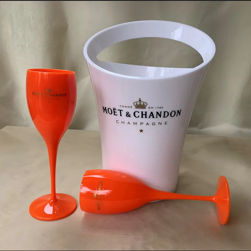 2glass 1bucket New Moet Champagne Flutes Glasses Plastic Wine Cooler Glasses Dishwasher White Moet Acrylic Champagne Buckets222m