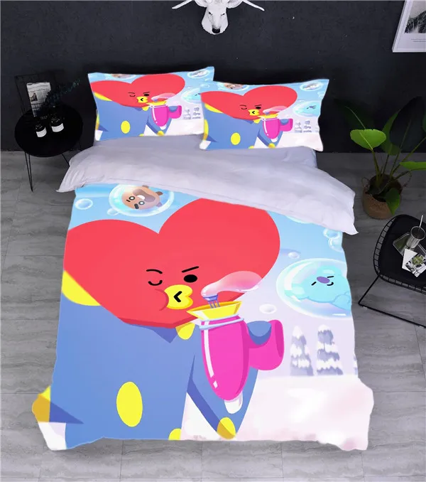 Conjunto de cama com design 3d bts de desenho animado, conjunto de capa de edredom de microfibra, adolescentes, meninos e meninas, capa de edredom e fronhas com fecho de zíper 253u