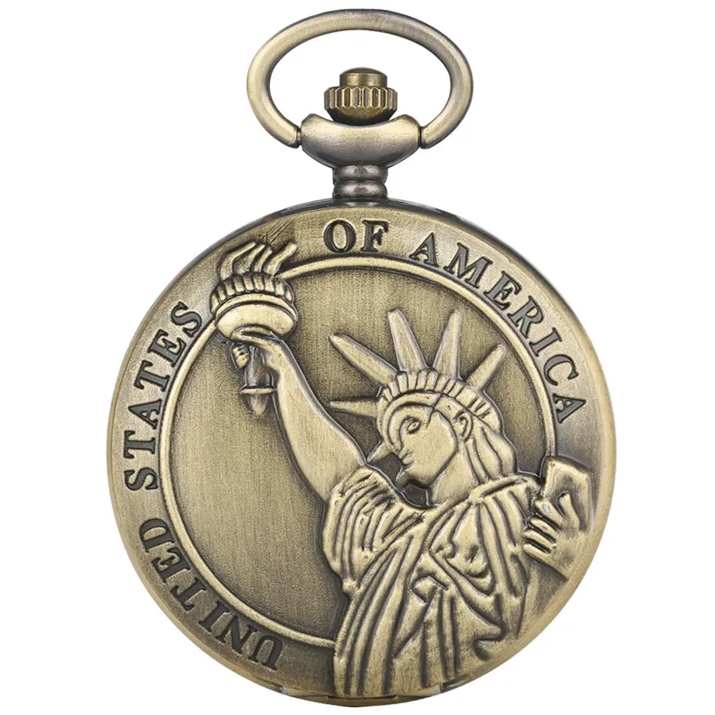 Montre de poche à Quartz thème Statue de la liberté, en Bronze, pendentif chasseur complet, collier, chaîne, horloge Souvenir pour hommes et femmes, 219K