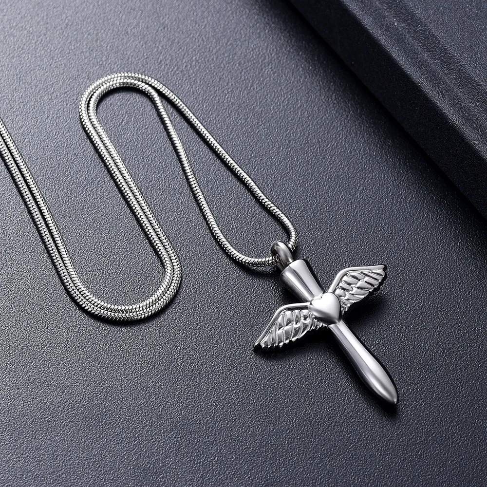 IJD12240 Stainless Steel Angel Wings Heart Cross Cremation Jewelry Pendant for Pet Human Memorial Ash Keepsake Necklace256r