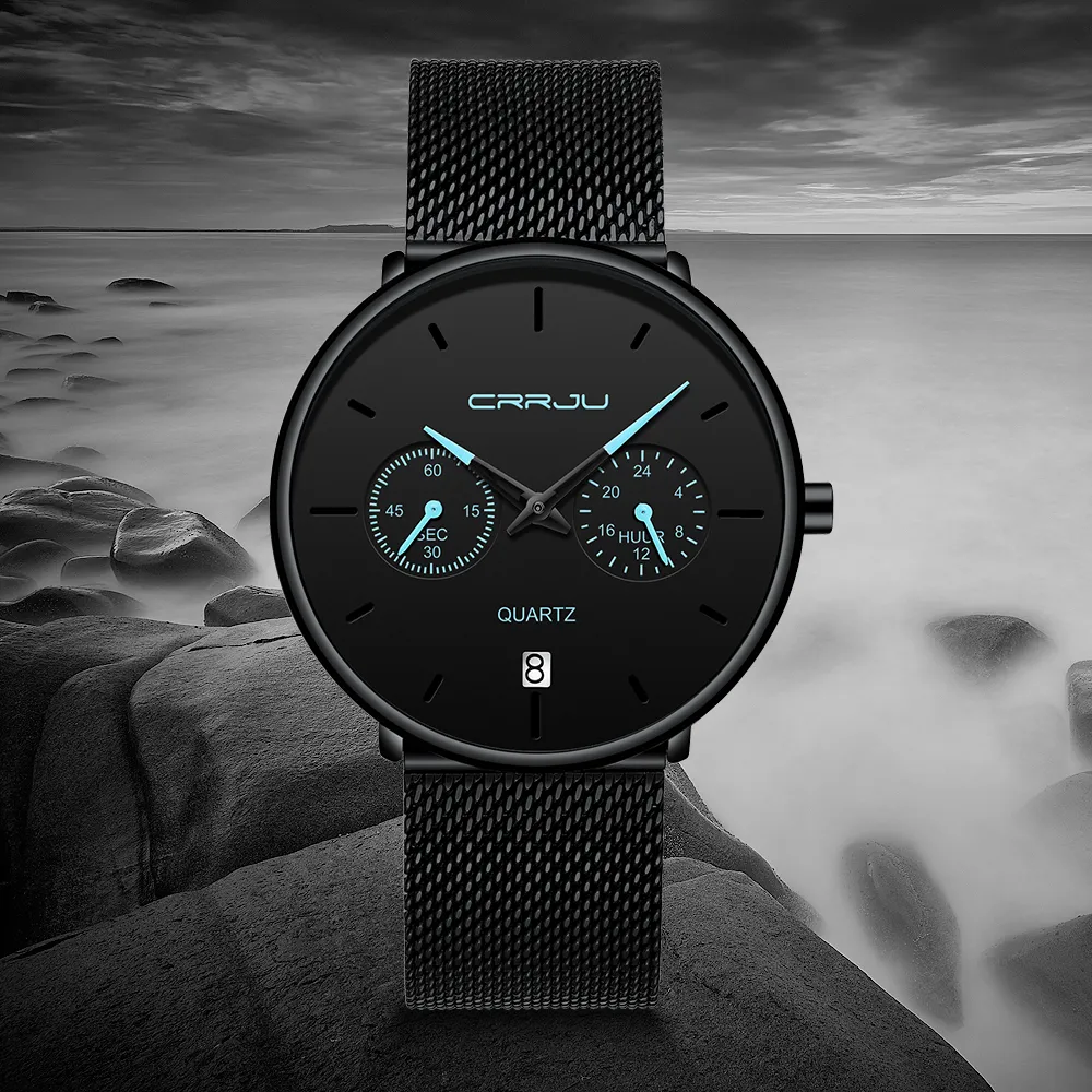 Mens Designer Watches Crrju Full Steel Casual Waterproof Watch for Man Sport Quartz Watch Men's Dress Calender Watch Relogio 329o
