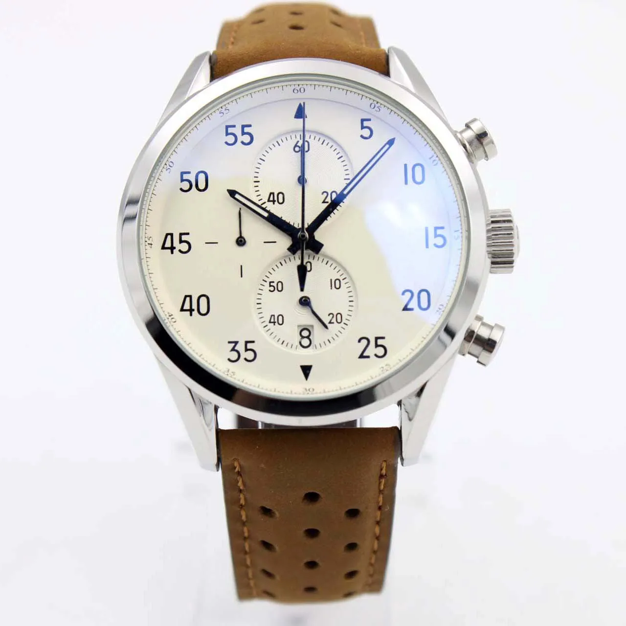 Klassieke stijl NIEUWE AANKOMST Calibre SpaceX Chrono Flyback Stopwatch Witte wijzerplaat Bruine lederen riem Herenhorloges Sport Gent Watch VK C236F