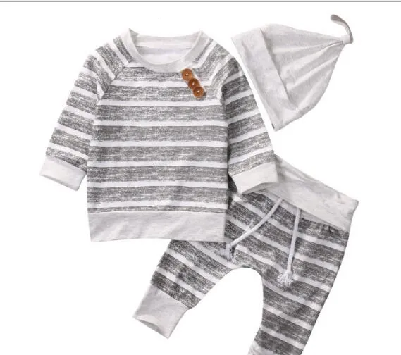 Noworodek Baby Boys Striped Gray Top Spodnie Kapelusz 3 sztuk Zestaw Outfits Z Długim Rękawem Krótkie Style Dzieci Chłopiec Odzież 0-18M WL1158