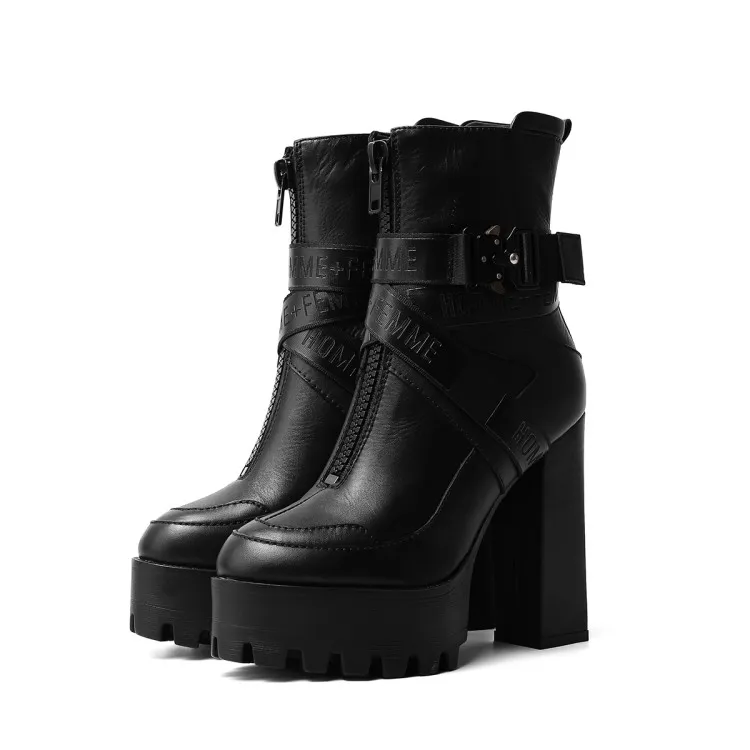 rontic 새로운 여성 플랫폼 발목 부츠 암소 가죽 광장 하이힐 부츠 라운드 발가락 와인 레드 블랙 클럽 신발 여성 미국 크기 3-9.5