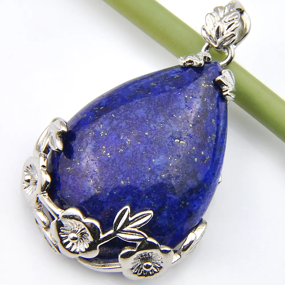 Luckyshien nouveau fait à la main naturel Lapis Lazuli pendentifs Vintage argent élégant fleur de prunier pendentif collier bijoux pour femmes Pendan238d