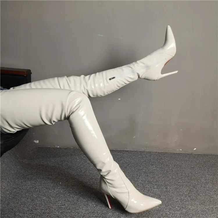 Rontic New Women 허벅지 높은 부츠 섹시한 스틸 레토 하이힐 부츠 멋진 지적 발가락 화려한 베이지 색 신발 여성 플러스 미국 크기 5-15