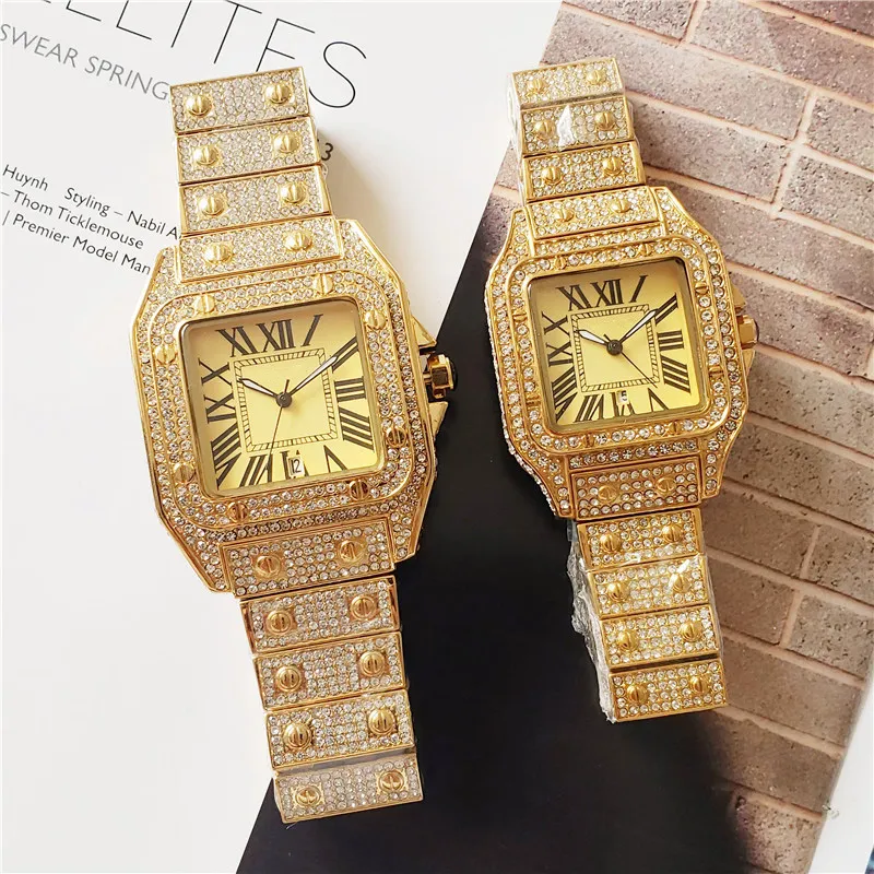 Montres de marque femmes hommes Couples amoureux cristal diamant carré Style bracelet en acier Quartz montre-bracelet C22314P
