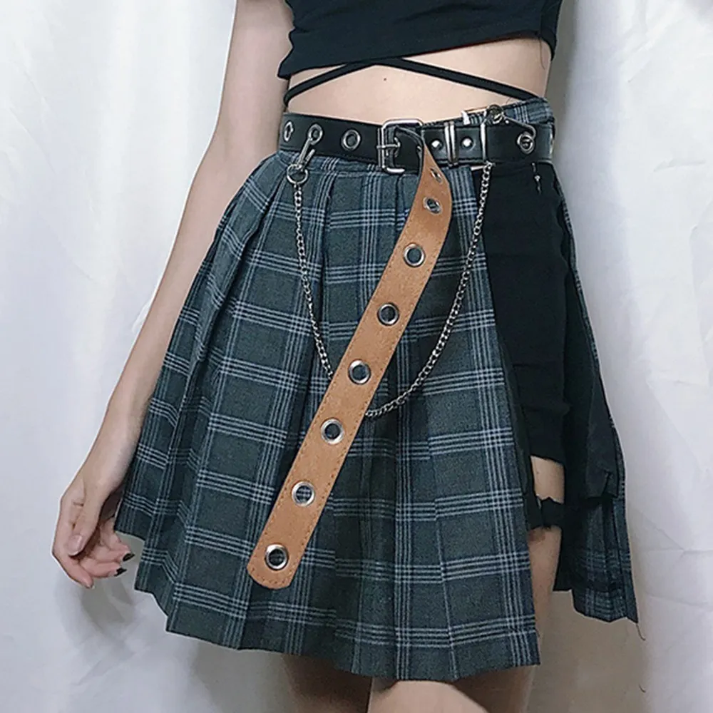 Gothic Plaid A-line Mini Skirts Women 2019 New Hot Asymmetric Patchwork Bandage Punk Club Sexy Cool Fashion Black Short Skirt Y19042602