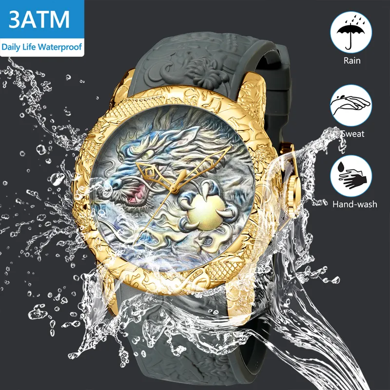 Megalith Fashion Gold Dragon Sculpture Watch Men Kwarc Watch Waterproof Big Dial Sport Watches Men Watch Top Luksusowa marka zegar L266W