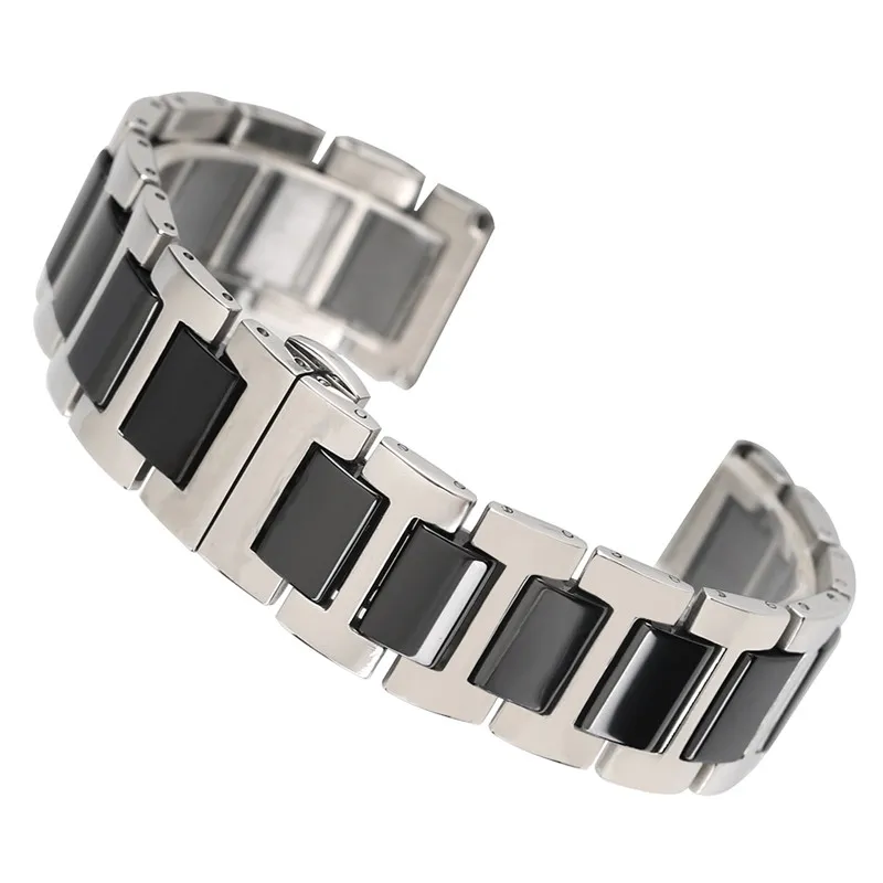 Bracelet de montre en céramique, noir et blanc, solide, en acier inoxydable, 18mm, 20mm, chaîne à maillons, remplacement, extrémités droites, 239e