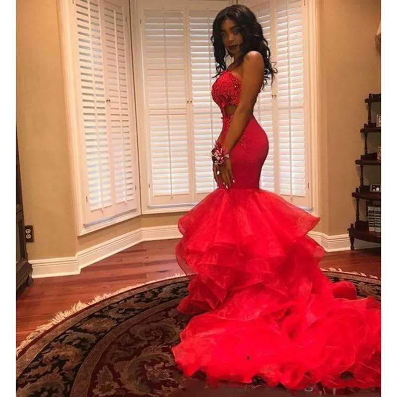 Hot Red African Black Girls Mermaid Prom Dresses Evening Wear Cutaway Lace Appliques Beads Tiered Evening Gowns Party Vestidos BC1164