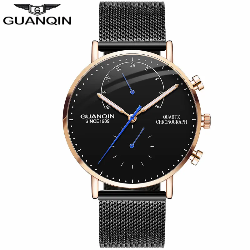 Nieuwe GUANQIN Heren Horloges Topmerk Luxe Chronograaf Lichtgevende Handen Klok Mannen Business Casual Creatieve Mesh Band Quartz Watch223k