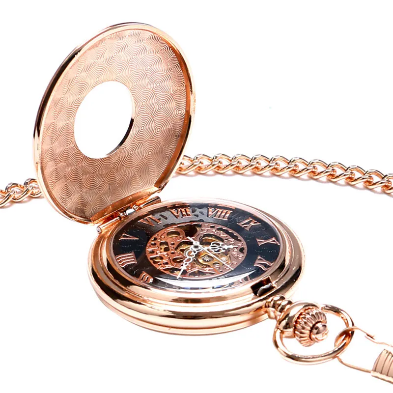 Clássico steampunk rosa ouro cor handwinding relógio de bolso mecânico unisex numerais romanos esqueleto relógio pingente corrente reloj d311e