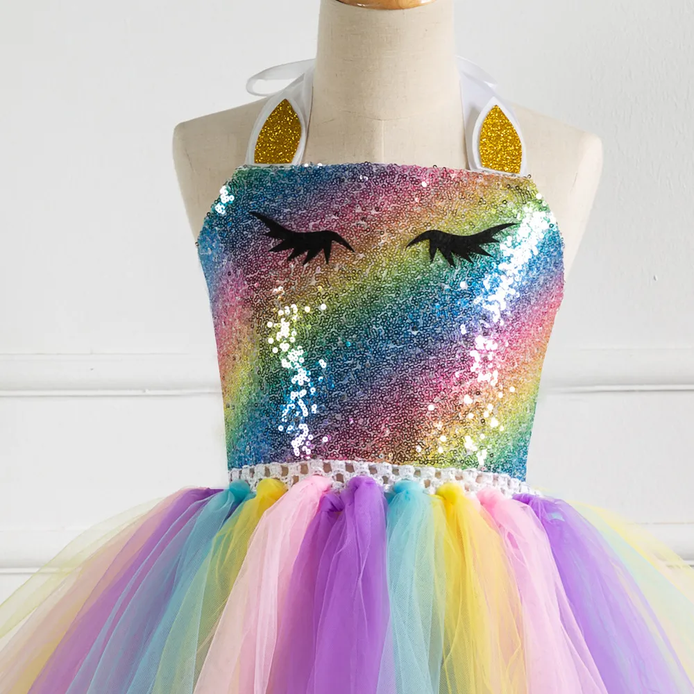 Flickor Princess Dress Up Barn Sequin Top Rainbow Tulle Tutu Dress Kids Party Cosplay Kostymer