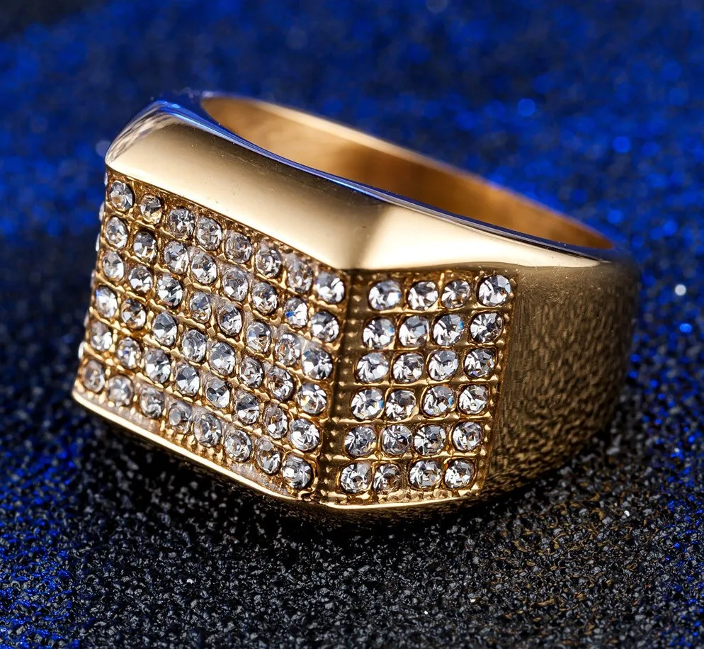 new Fashion luxury designer full diamonds titanium stainless steel golden men rings hip hop jewelry3254