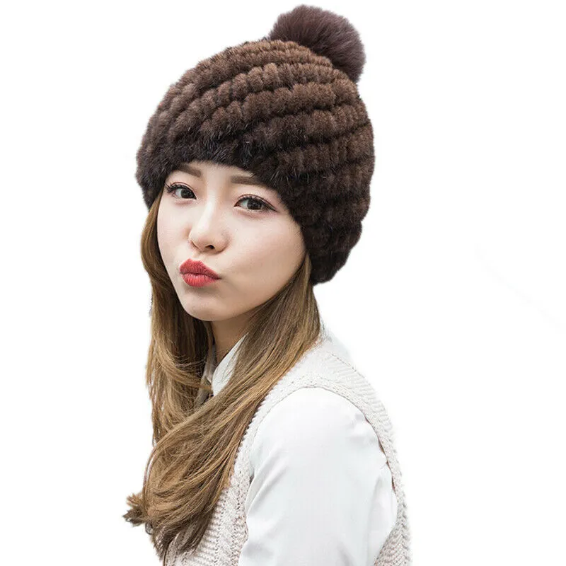 Chapéus de pele de vison real feminino inverno quente gorro raposa pom pom preto marrom vinho red225r