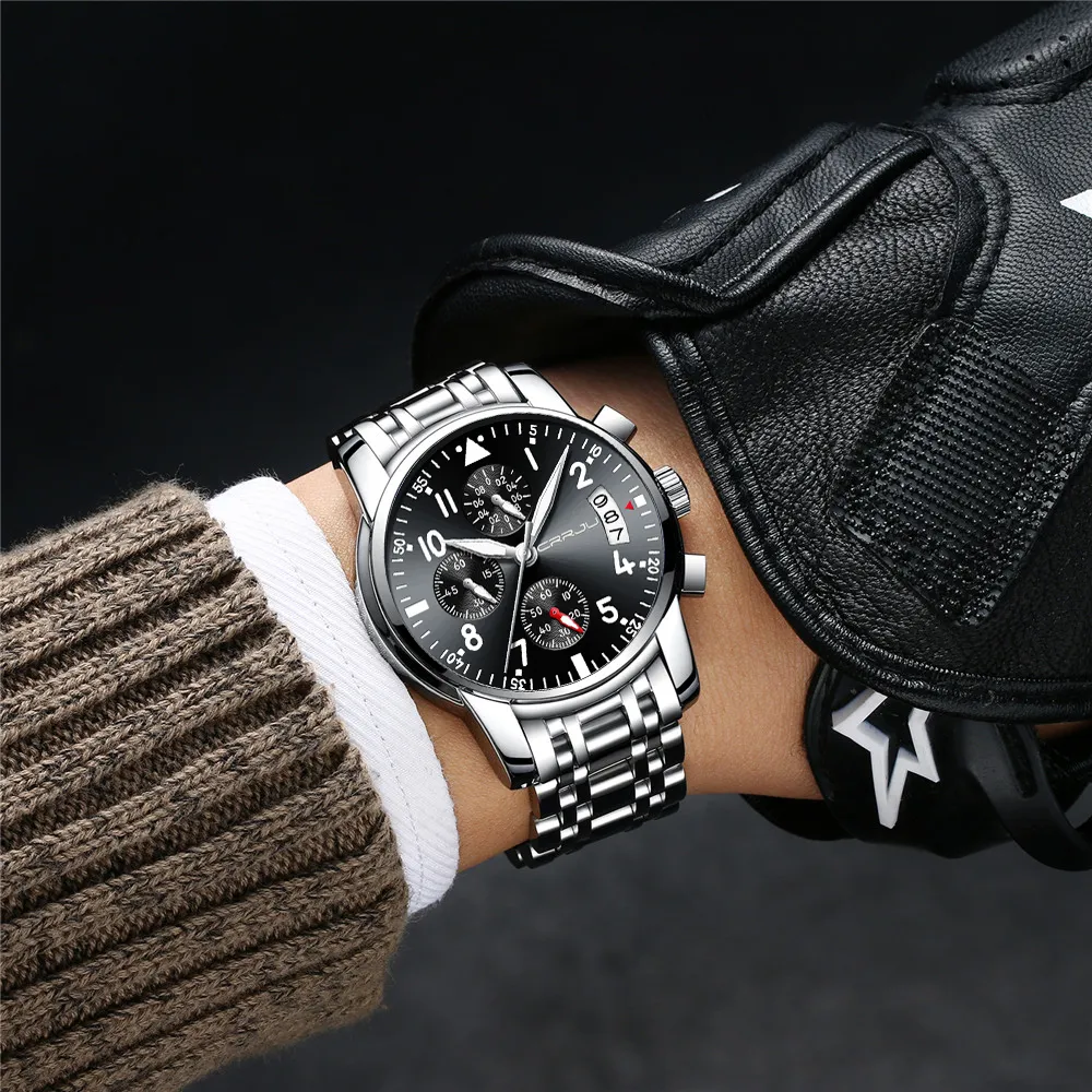 Relogio Masculion CRRJU Men Top Luxury Brand Military Sport Watch Men's Quartz Clock Male Full Steel Casual Business black wa282C