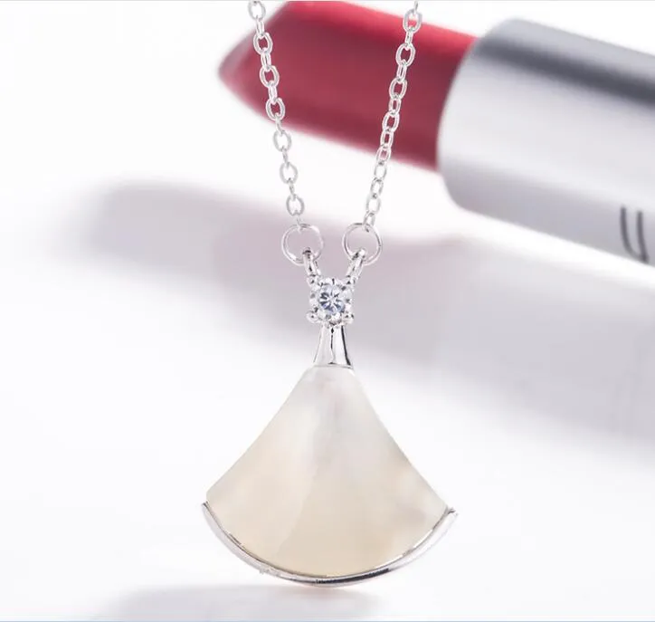 Solid 925 Sterling Silver Fan Shaped Pendant Necklace Black Agate Pink Opal Women Collarbone Necklaces Jewelry253k