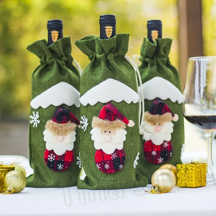 vendita calda Sacchetti di vino di iuta Decorazioni natalizie Ornamenti di Babbo Natale Xmas Champagne Copertine bottiglie di vino Borsa Borsa con coulisse Articoli feste T2I5587