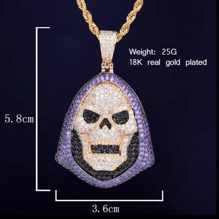 Hoody Skull Purple Stone Pendant Halsband Personlighetskedja Guld Silver Iced Out Cubic Zirconia Hip Hop Rock Jewelry221a