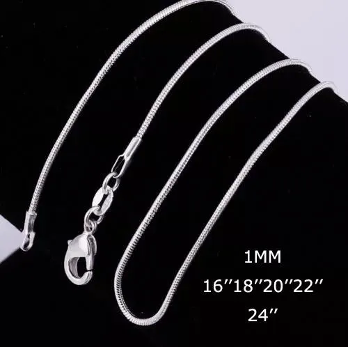 Grandes promotions 100 pièces 925 argent Sterling chaîne serpent lisse collier fermoirs à homard chaîne bijoux taille 1mm 16 pouces --- 24 pouces308W