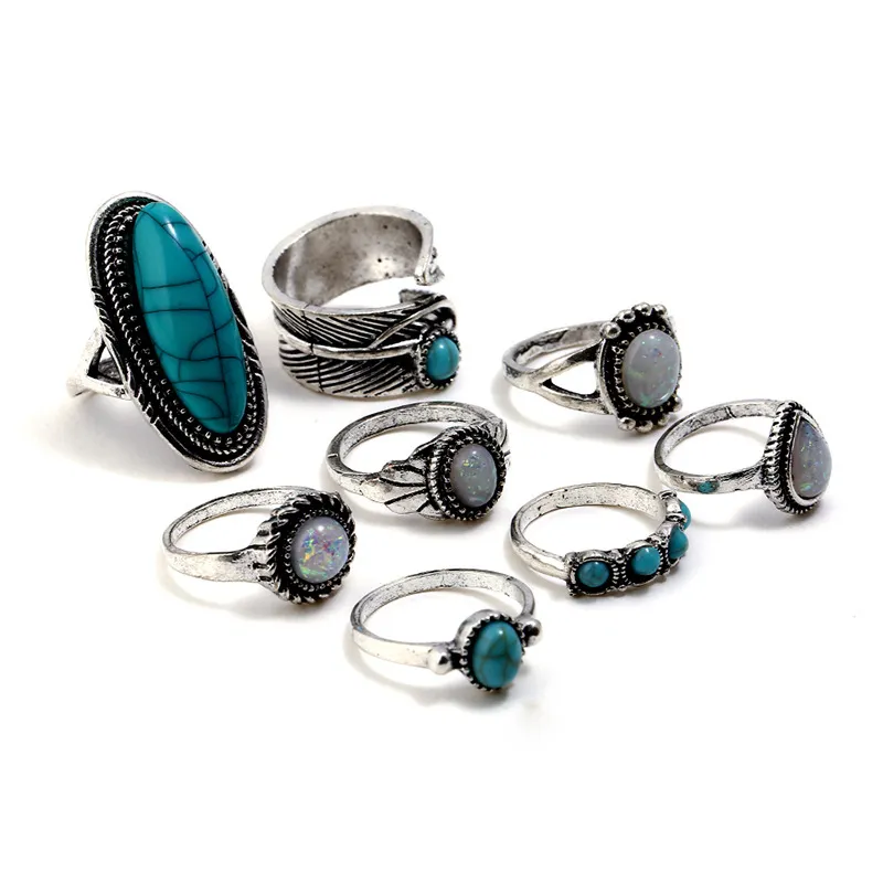 Mode kvinnor elegant kluster ring multipiece set turkos personliga öppna super vackra ringar för kvinnor8252775