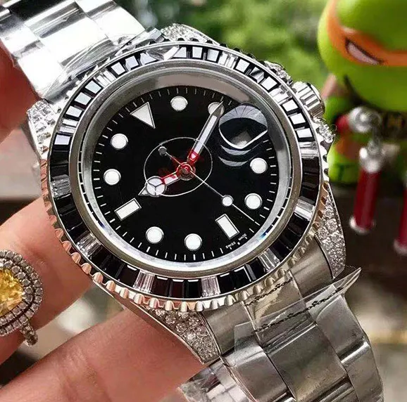 Fine Men's Watch 316 rostfritt stål fodralband belagd glasfärgad röd diamant bezel automatisk mekanisk rörelse diamet335v