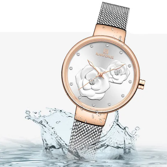 Relógio feminino naviforce topo marca de luxo malha aço à prova dwaterproof água senhoras relógios flor quartzo feminino relógio pulso encantador menina clock268l