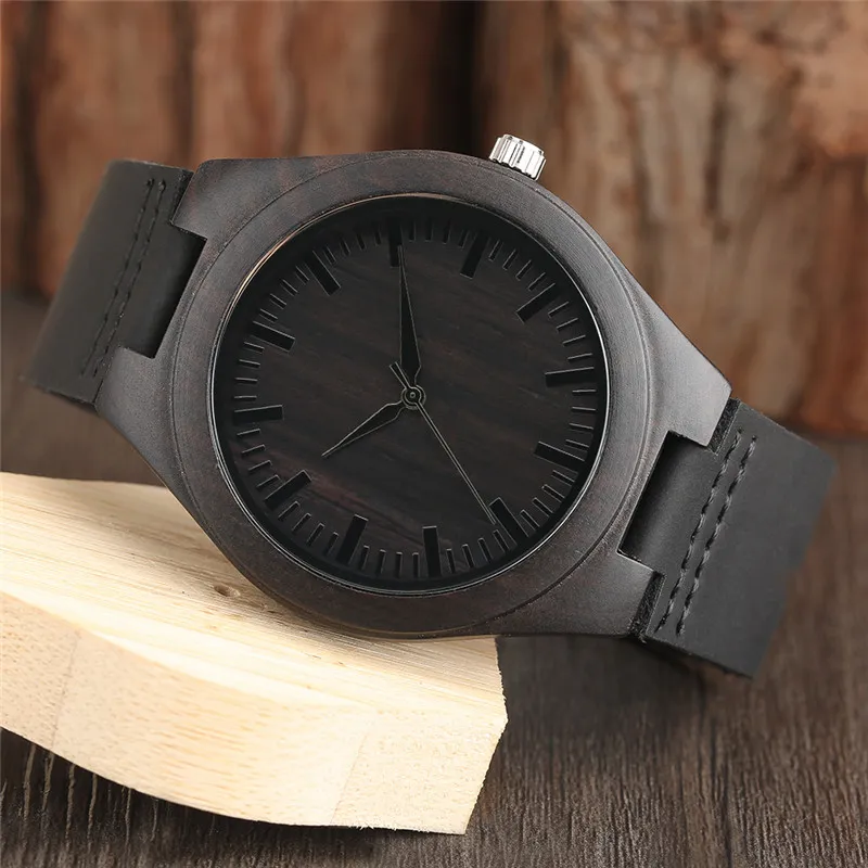 Einzigartige vollschwarze Herrenuhr aus Ebenholz, Luxusgeschenke, leichte Bambus-Analog-Quarz-Armbanduhr, Lederarmband, Reloj de madera197g