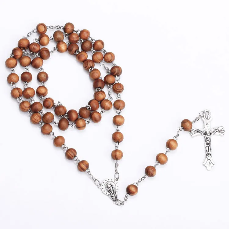 2020 Katolska korshalsband religiösa träpärlor Rosarinhalsband Kvinnliga man Long Strand Halsband Bön Jesus smycken gåva267q