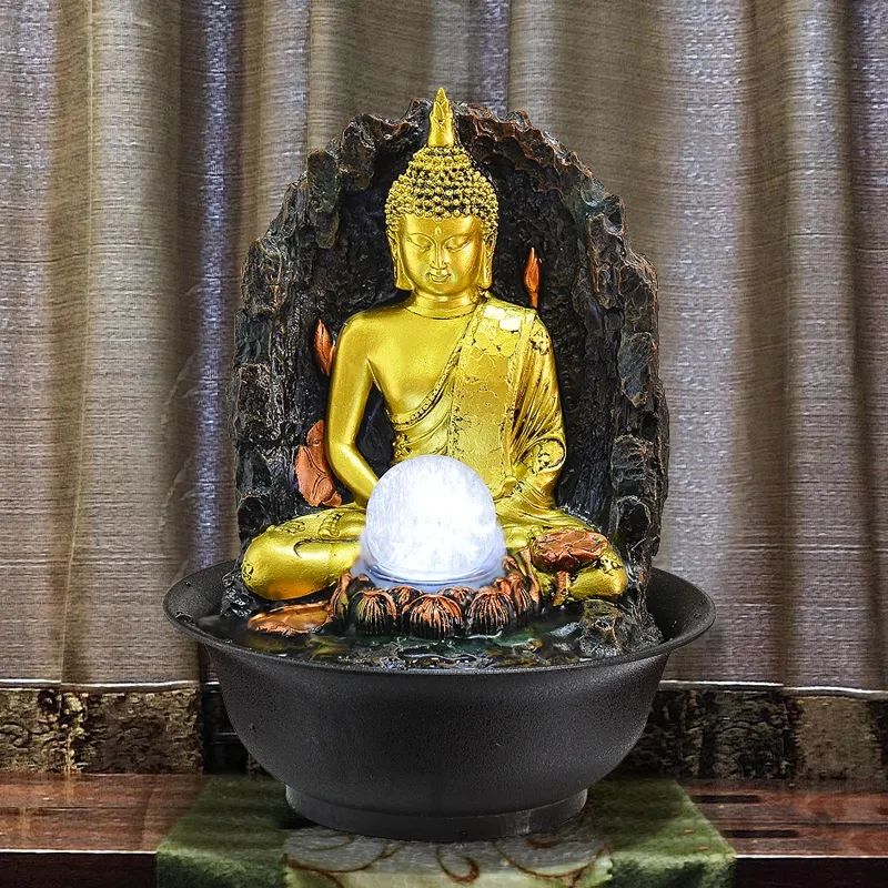 Buddha-Statue, dekorative Brunnen, Innenbrunnen, Kunstharz, Kunsthandwerk, Geschenke, Feng Shui, Desktop-Heimbrunnen, 110 V, 220 V, E301h