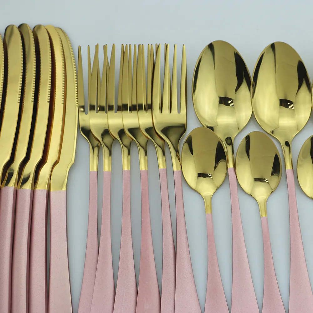 24 pièces or rose vaisselle miroir couverts ensemble couteau de cuisine cuillère fourchette dîner ensemble 304 acier inoxydable vaisselle argenterie plaqué vaisselle