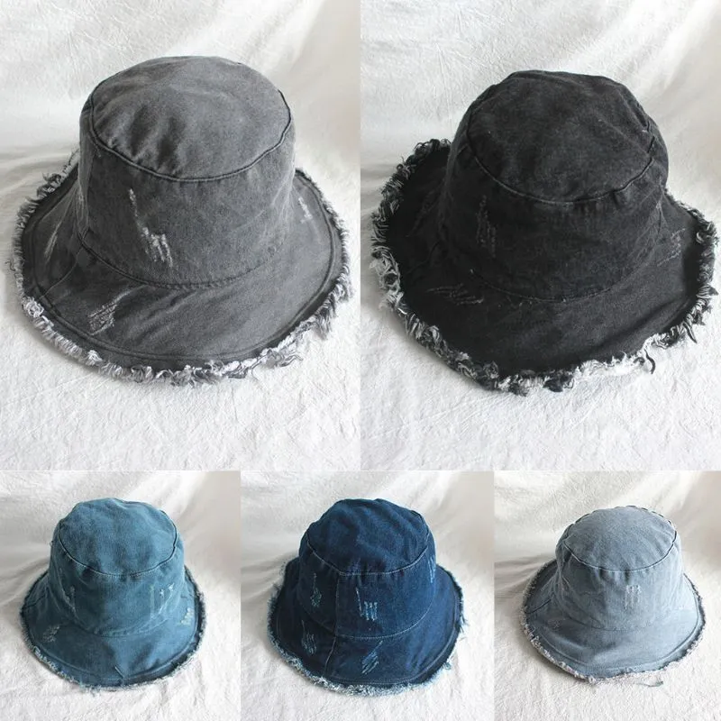 Chapeau seau en Denim délavé pour hommes et femmes, Style japonais, Vintage, franges en détresse, glands, bord, protection solaire, pliable, pêcheur, Cap251o