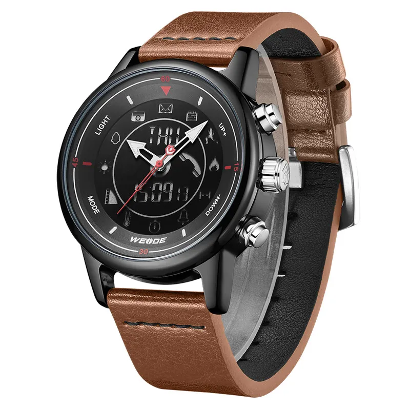 WEIDE кожаный ремешок цифровые Bluetooth умные часы 5ATM водонепроницаемые мужские наручные часы бизнес причинно-следственная сигнализация Relogio Masculino291V